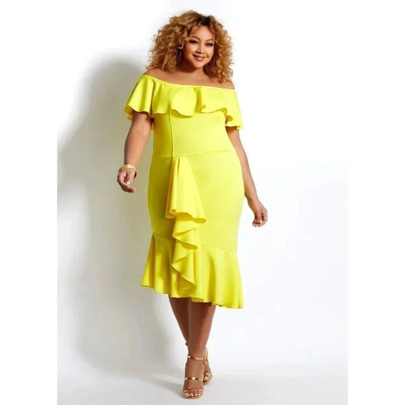 Ashley Stewart Ruffle Off The Shoulder Midi Dress‎ 26/28 Yellow Feminine Party - Picture 1 of 13